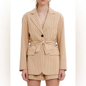Maje Varcel Blazer Beige Cotton Linen Belted Striped Size 40